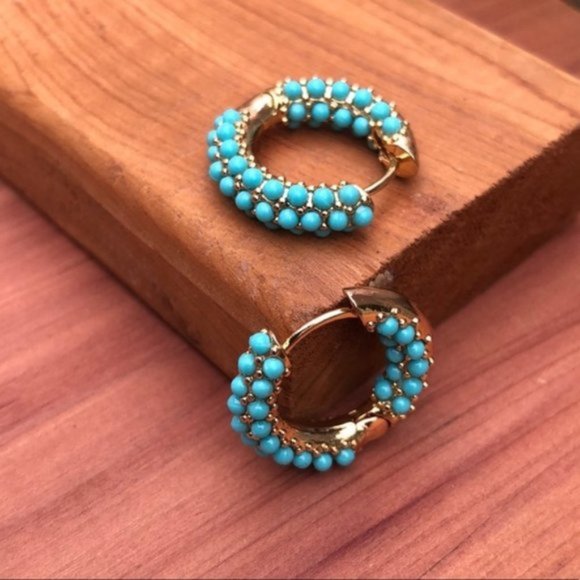 Anthropologie Jewelry - Golden hoops with blue enamel